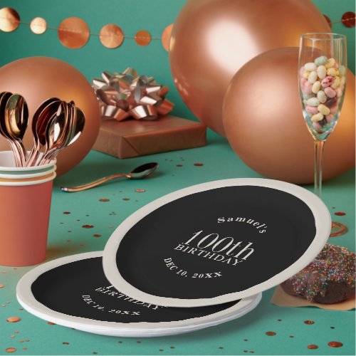 Simple Black and Ecru Beige 100th Birthday Favor Paper Plates