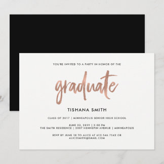 Simple Black and Faux Rose Gold Graduation Party Invitation