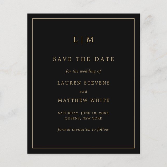 Simple Black and Gold Budget Wedding Save the Date (Front)