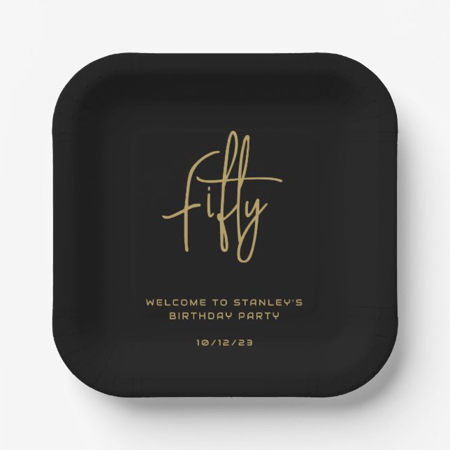 Simple Black and Gold Fifty Birthday Party Paper Plates (Front)