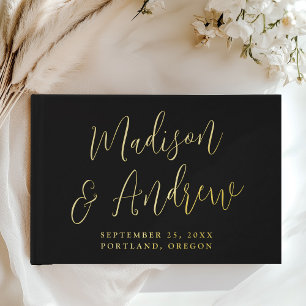 Simple Black and Gold Foil Script Photo Wedding Guest Book