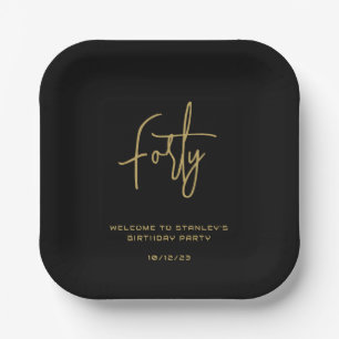 Simple Black and Gold Forty Birthday Party Paper Plates