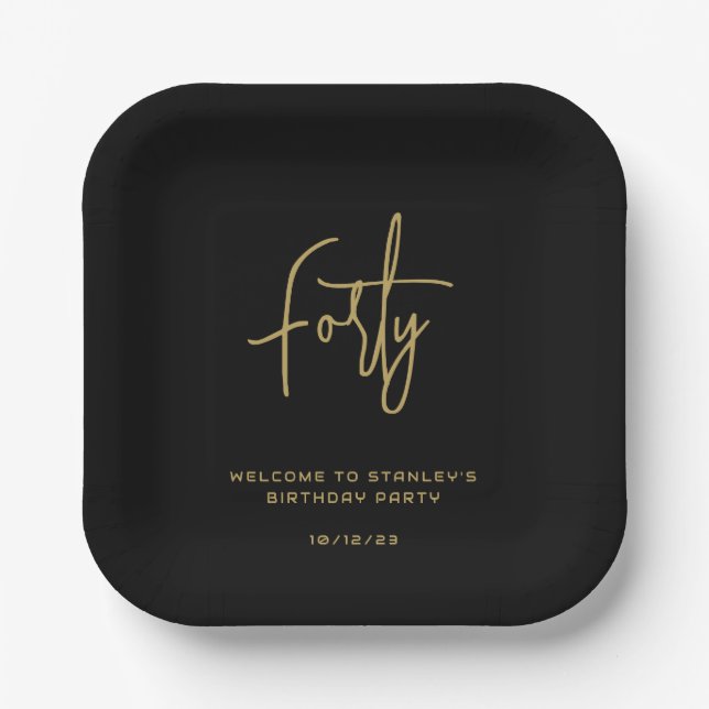 Simple Black and Gold Forty Birthday Party Paper Plates (Front)