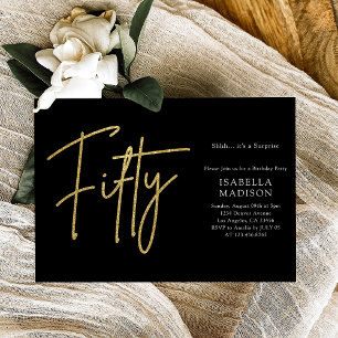 Simple Black and Gold Glitter 50th Birthday Invitation