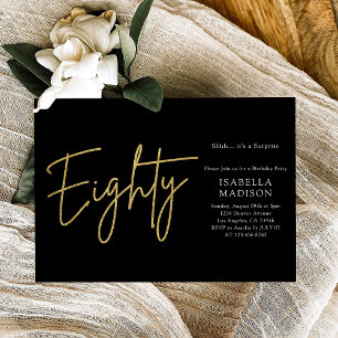 Simple Black and Gold Glitter 80th Birthday Invitation