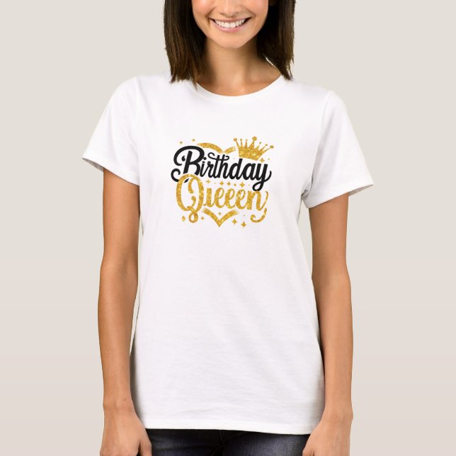 Simple black and gold glitter birthday queen T-Shirt (Front)
