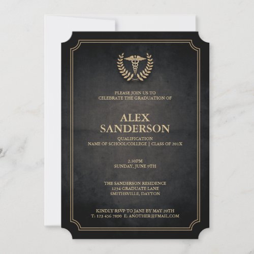 Simple Black and Gold Medical Caduceus Graduation Invitation