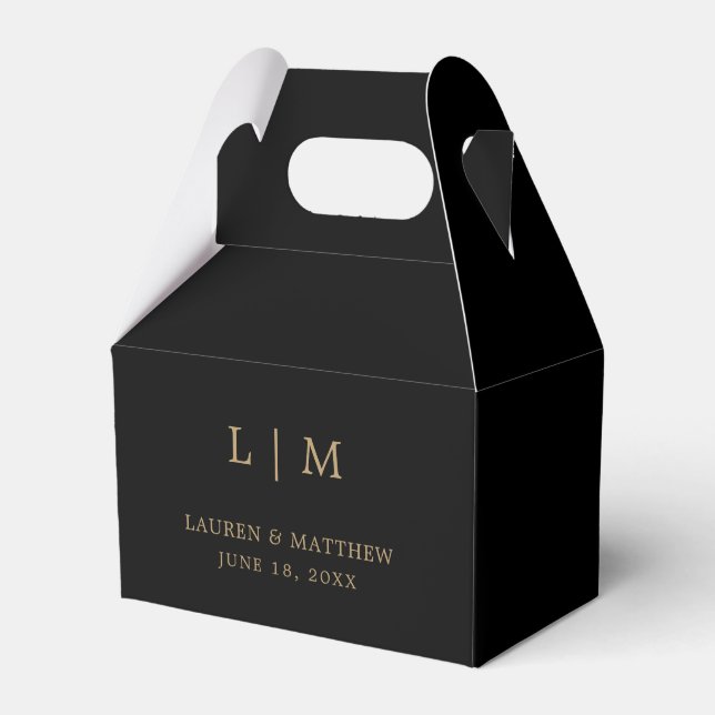 Simple Black and Gold Monogram Elegant Wedding Favor Boxes (Front Side)