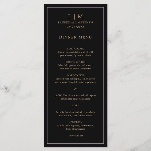 Simple Black and Gold Monogram Elegant Wedding Menu (Front)