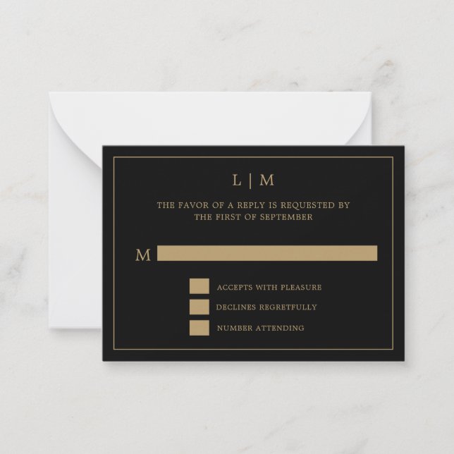 Simple Black and Gold Monogram Elegant Wedding Note Card (Front)