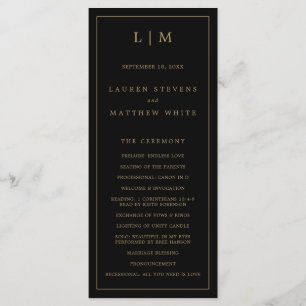 Simple Black and Gold Monogram Elegant Wedding Program