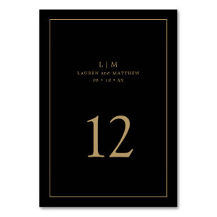 Simple Black and Gold Monogram Elegant Wedding Table Number