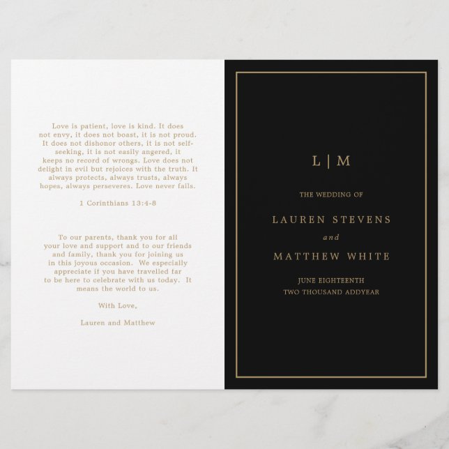 Simple Black and Gold Monogram Wedding Program (Front)