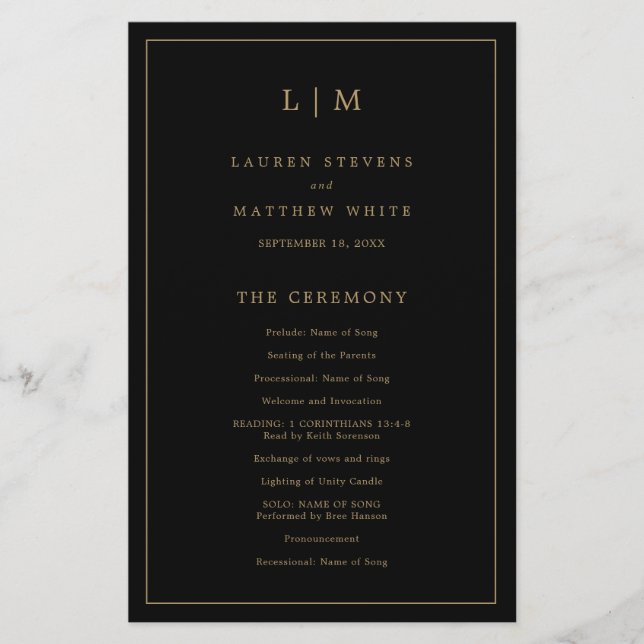 Simple Black and Gold Monogram Wedding Program (Front)