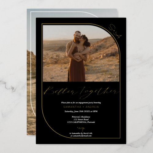 Simple black and gold photos engagement foil invitation