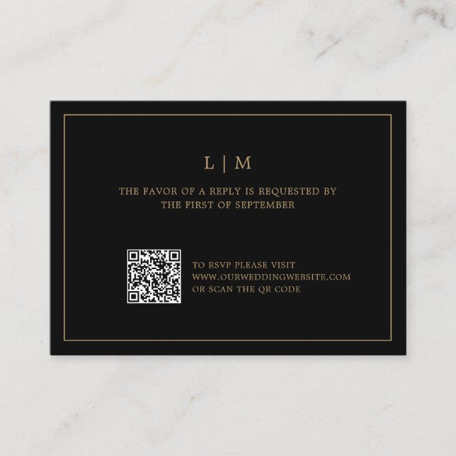 Simple Black and Gold QR Code Elegant Wedding RSVP Note Card (Front)