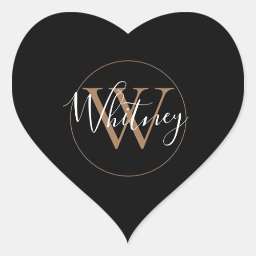 Simple Black and Gold Script Monogram Name Heart Sticker