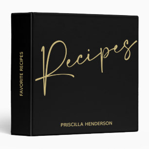 Simple Black and Gold Script Recipe Book Journal 3 Ring Binder