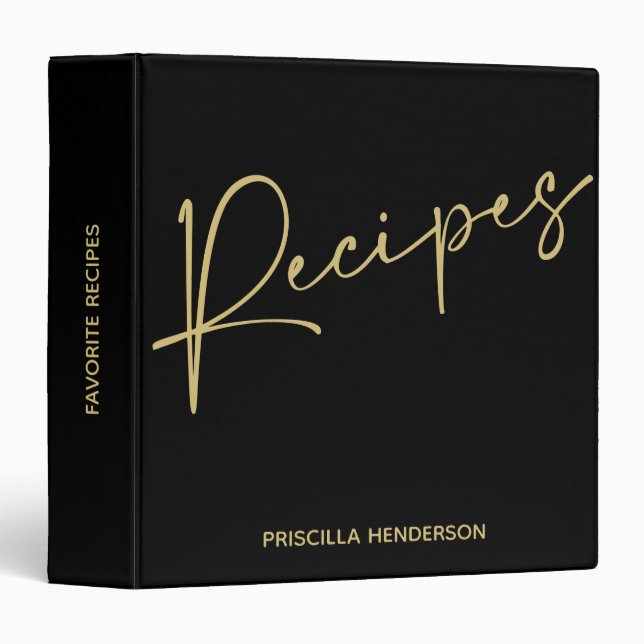 Simple Black and Gold Script Recipe Book Journal 3 Ring Binder (Front/Spine)