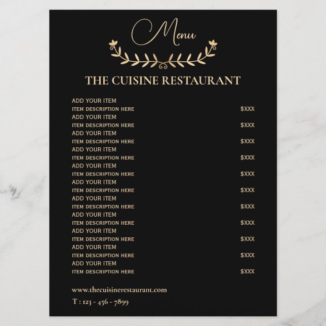 Simple Black And Gold Small Restaurant  Menu (Front)