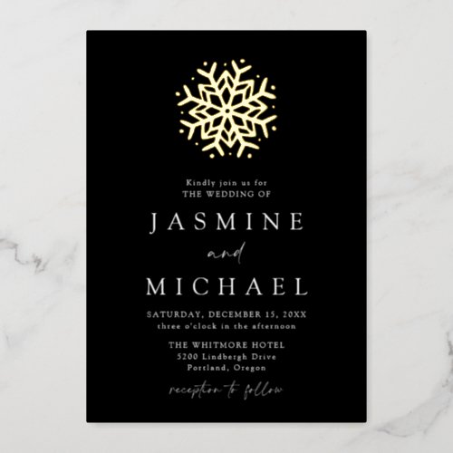 Simple Black and Gold Snowflake Wedding Foil Invitation