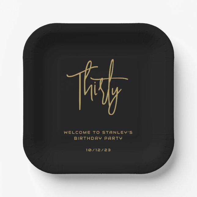 Simple Black and Gold Thirty Birthday Party Paper Plates (Front)