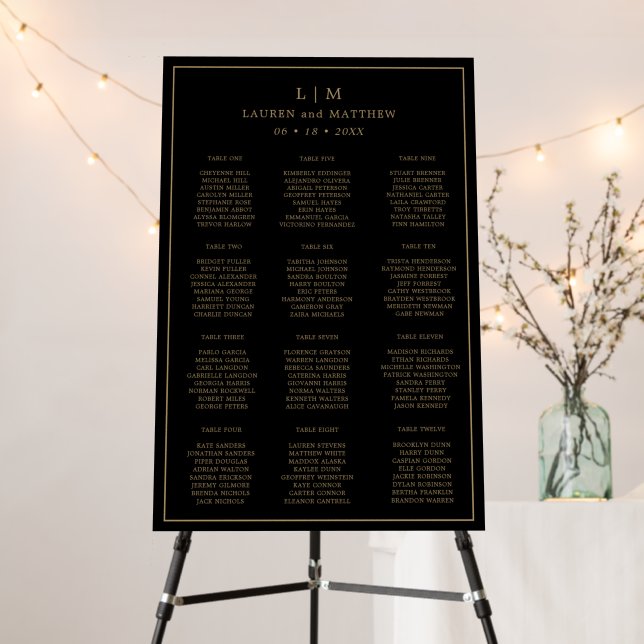 Simple Black and Gold Wedding Seating Chart Foam Board (In Situ (Stand))