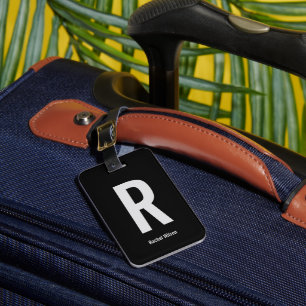 Simple Black and Gray Monogram Initial and Name Luggage Tag