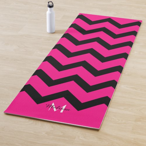 Simple Black and hot pink Chevron pattern Monogram Yoga Mat
