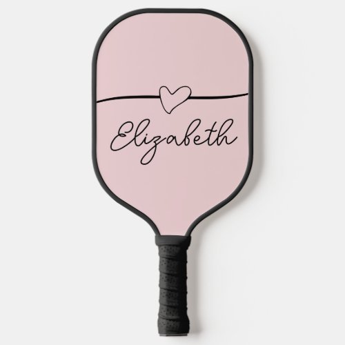 Simple Black and Pale Pink Heart Name Script Text Pickleball Paddle