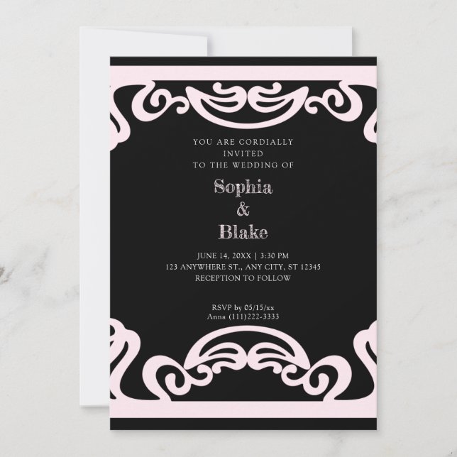 Simple Black and Pink Art Deco Wedding Invitation (Front)