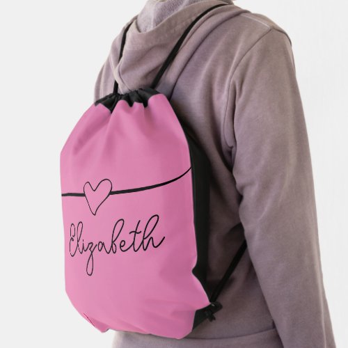 Simple Black and Pink Heart Name Script Text Drawstring Bag