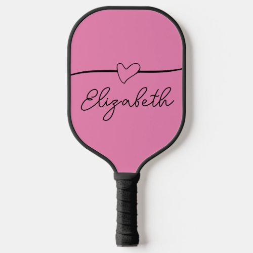Simple Black and Pink Heart Name Script Text Pickleball Paddle