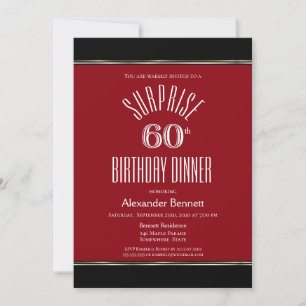 Simple Black and Red Surprise 60th Birthday Dinner Invitation
