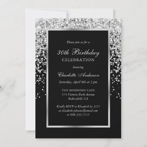 Simple Black and Silver Confetti 30th Birthday Invitation