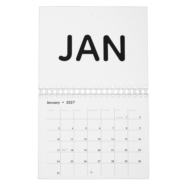 Simple Black and White 2026 Calendar (Jan 2027)