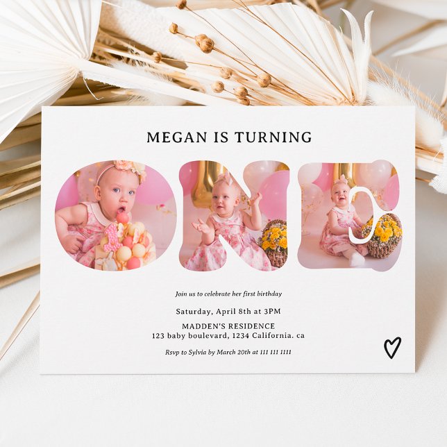 Simple black and white 3 photos 1st birthday invitation (Creator Uploaded)