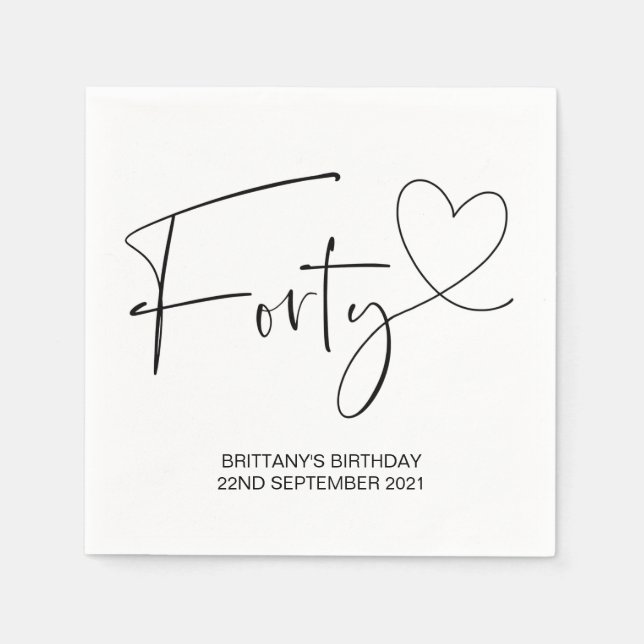 Simple Black and White 40th Birthday Party Decor Napkins (Front)