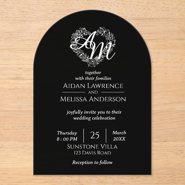 Simple Black and White Arch Wedding  Acrylic Invitations (Front)