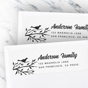 Simple Black and White Bird Tree Return Address Label