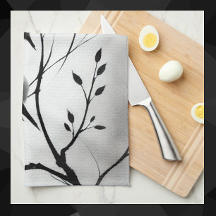 Simple Black and White Birds Perching in Trees Kitchen Towel