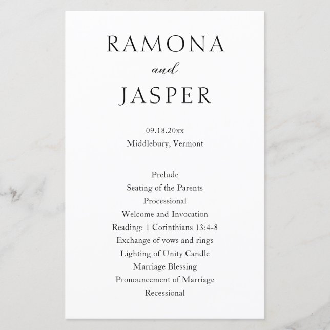 Simple Black and White Bold Modern Wedding Program (Front)