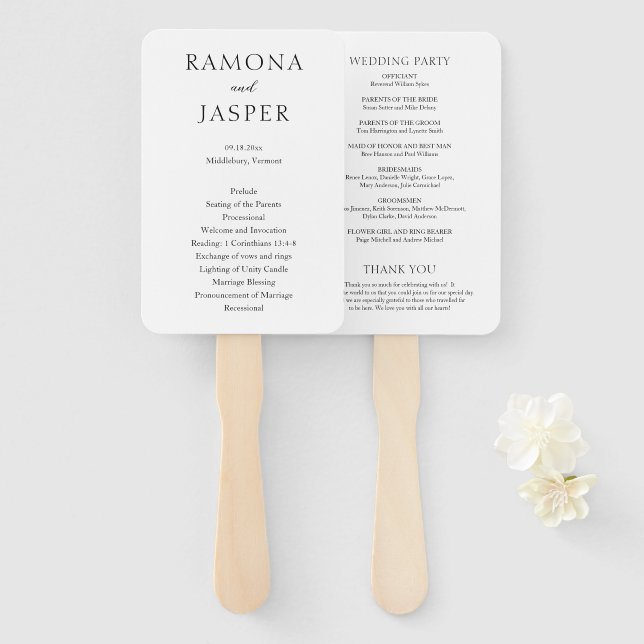 Simple Black and White Bold Modern Wedding Program Hand Fan (Front and Back)