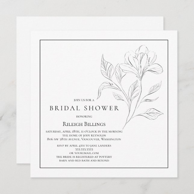 Simple Black and White Bridal Shower Floral Invitation (Front/Back)