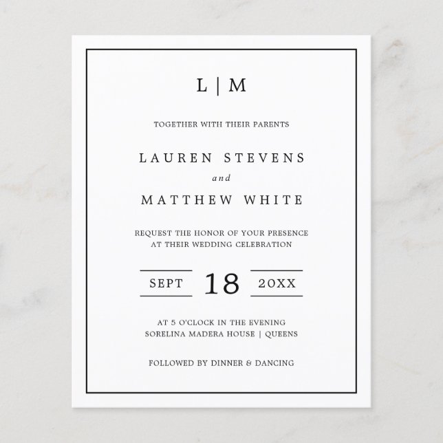 Simple Black and White Budget Wedding Invitation Flyer (Front)