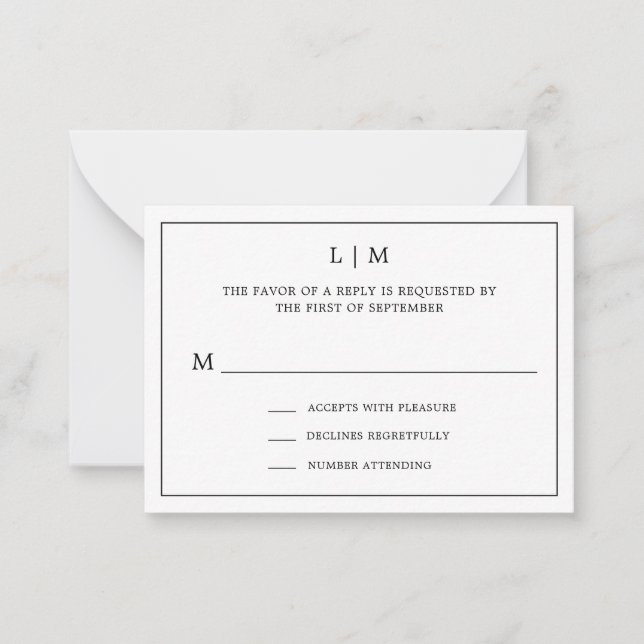 Simple Black and White Budget Wedding RSVP Note Card (Front)