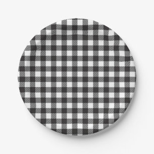 Simple Black and White Buffalo Plaid Check Pattern Paper Plates