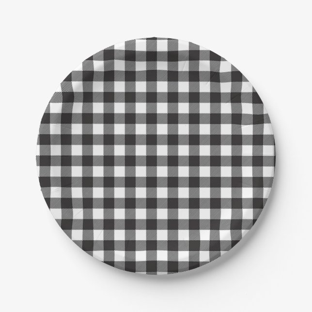 Simple Black and White Buffalo Plaid Check Pattern Paper Plates (Front)