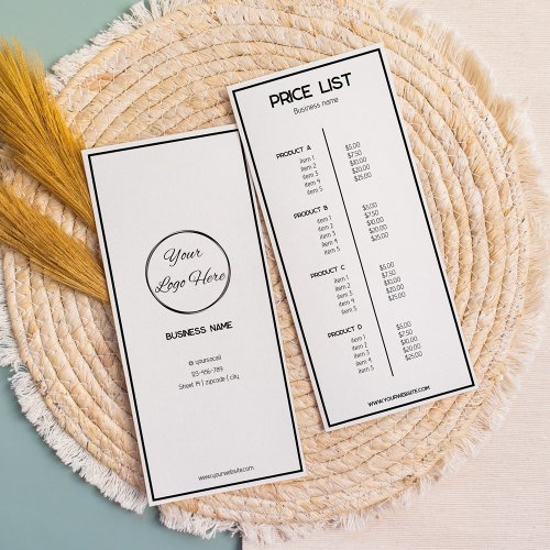 Simple black and white business price list rack card