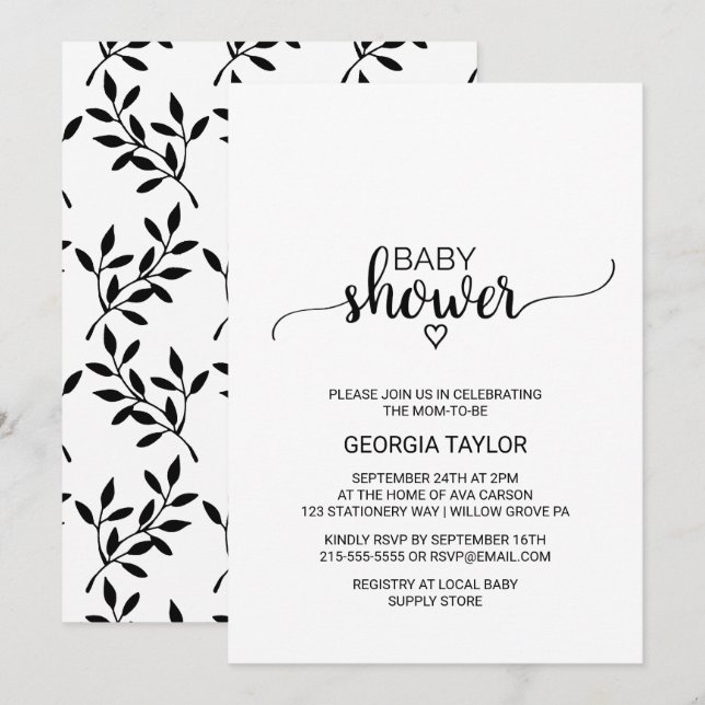 Simple Black and White Calligraphy Baby Shower Invitation (Front/Back)